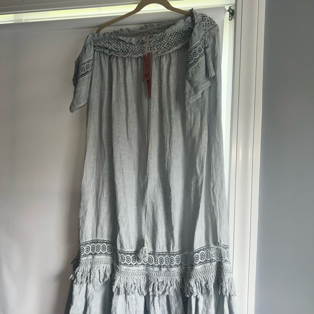 Scandal Italy boho crocheted maxi dress w/drop shoulder Blue or pink available